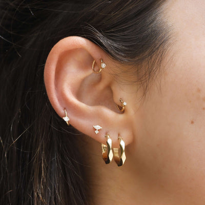 Large Tiffany Piercing Hoop Earring 14K Gold White Diamond Earrings