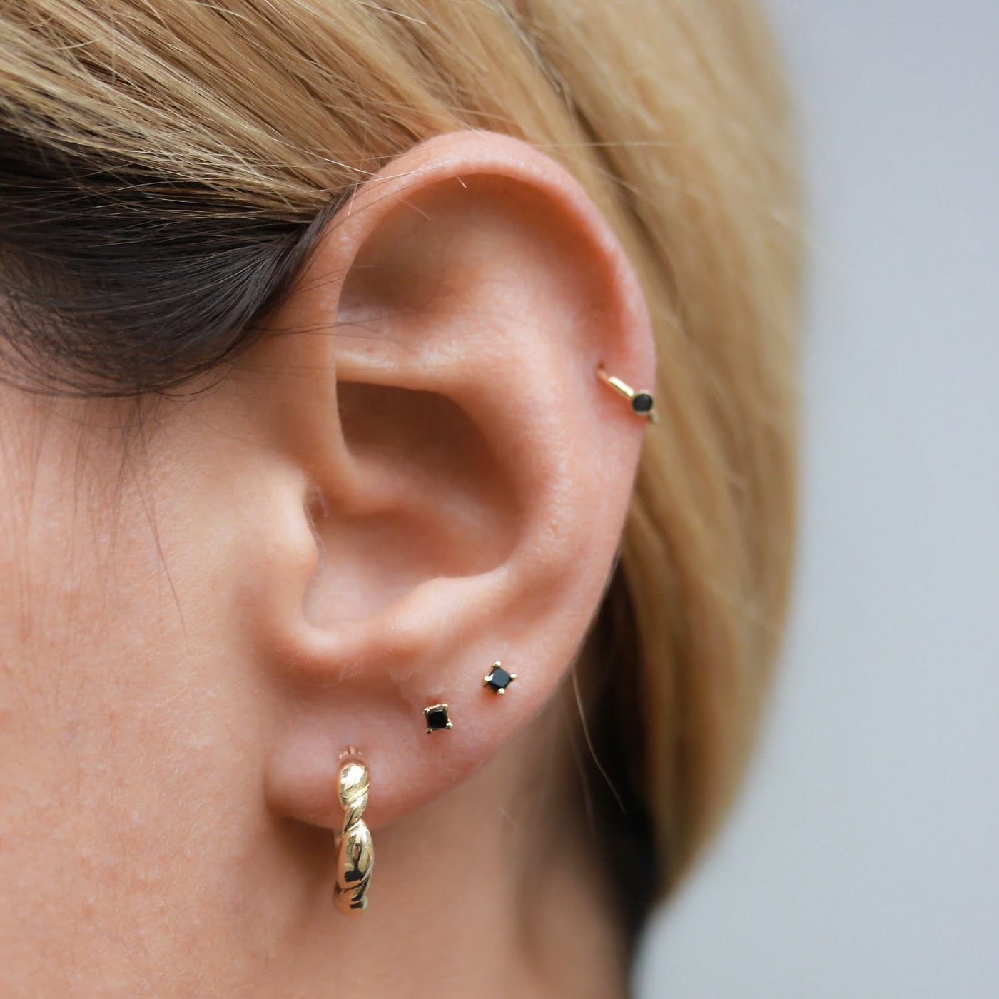 Chloe Piercing Hoop Earring 14K Gold Black Diamond Earrings 