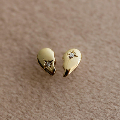 BFF Heart Earrings 14K Gold White Diamond Earrings 