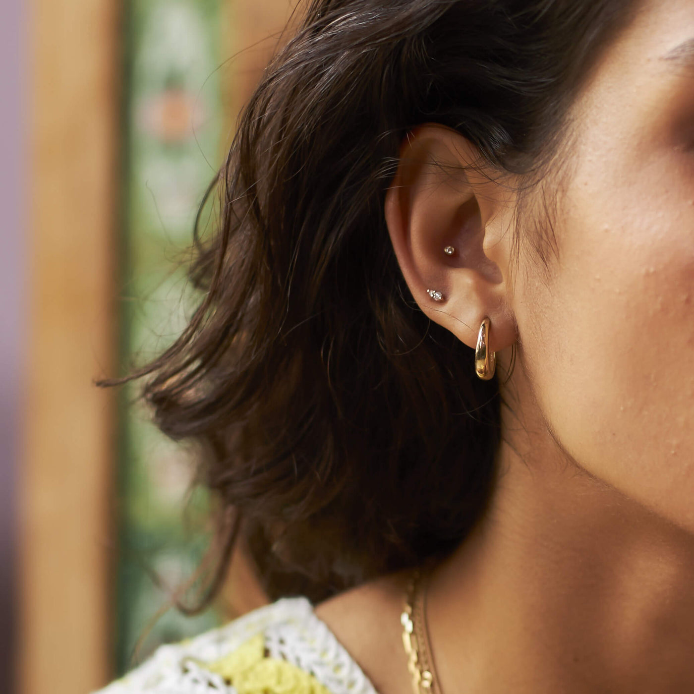 Elena Piercing Earring 14K Gold White Diamonds Earrings 