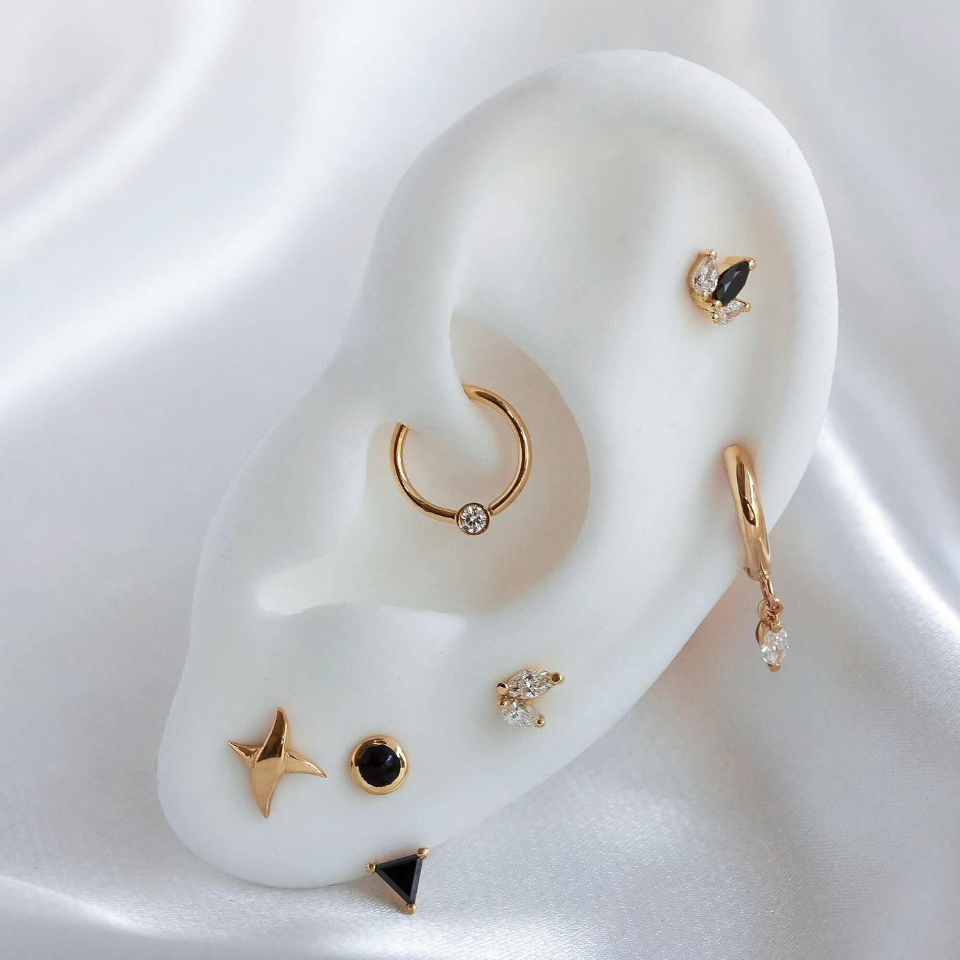 Louise Piercing Earring 14K Gold White & Black Diamonds Earrings 