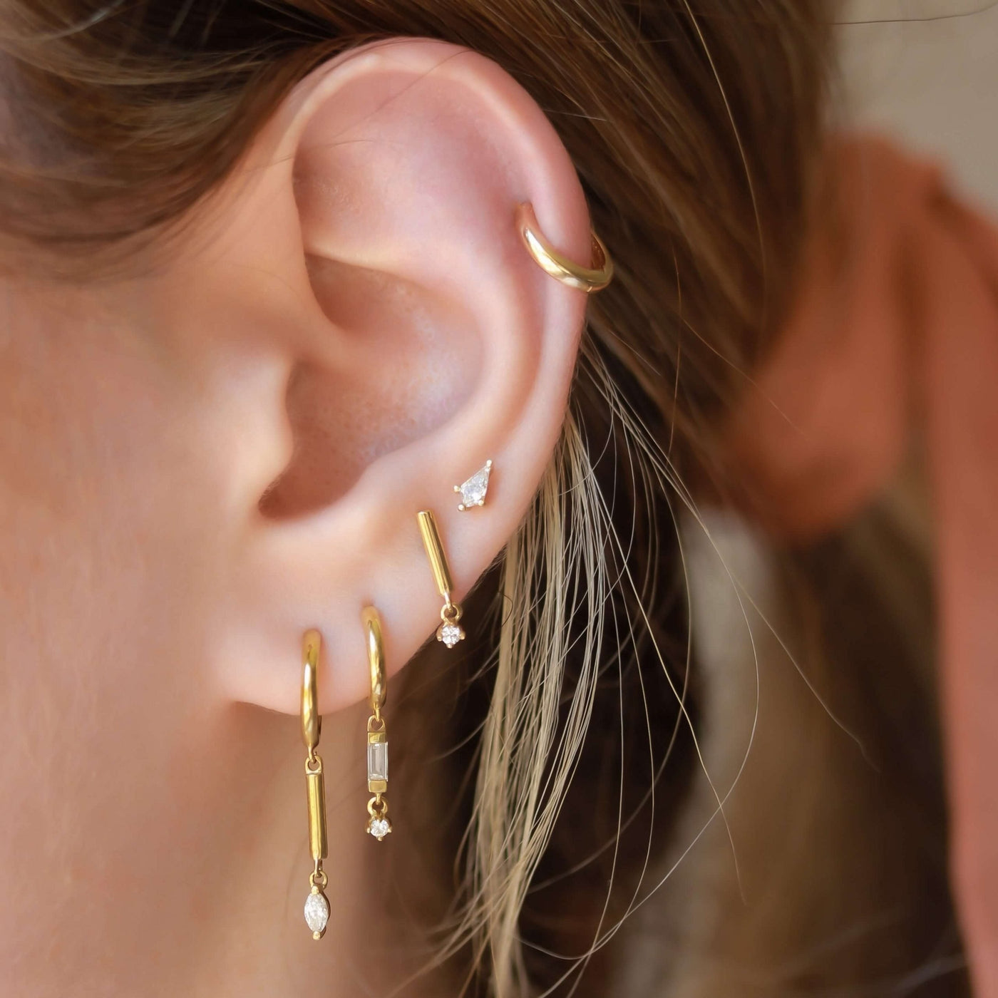 Vik Piercing Earring 14K Gold White Diamond Earrings 