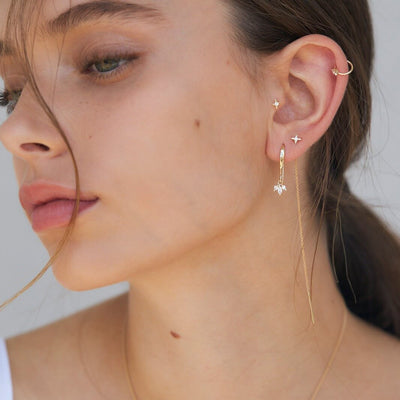 Vega Piercing Hoop Earring 14K Gold White Diamond Earrings 