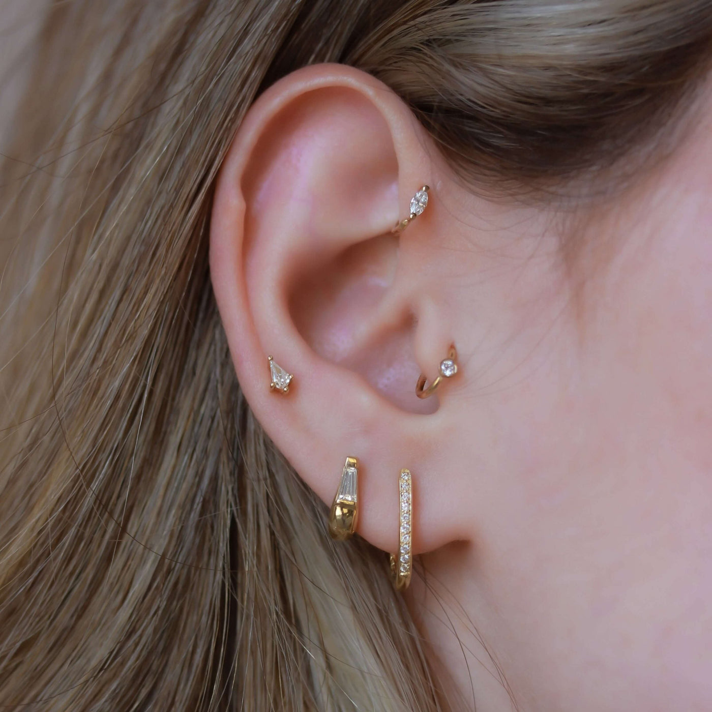 Chloe Piercing Hoop Earring 14K Gold White Diamond Earrings 