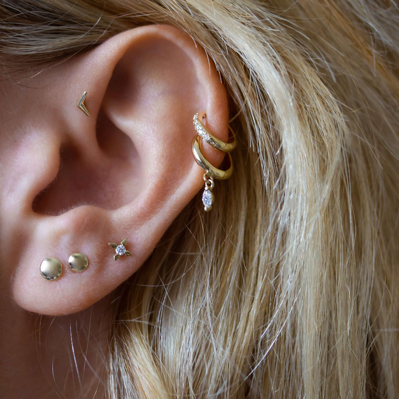 Marquise Kelly Piercing Hoop Earring 14K Gold White Diamond Earrings 
