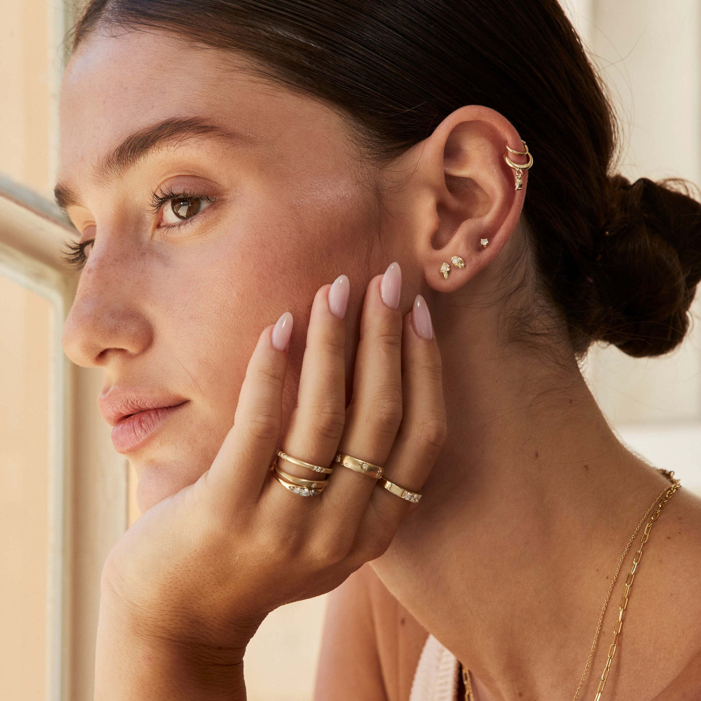 Medium Tiffany Piercing Earring 14K Gold White Diamond Earrings 