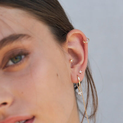 Vega Piercing Hoop Earring 14K Gold White Diamond Earrings 