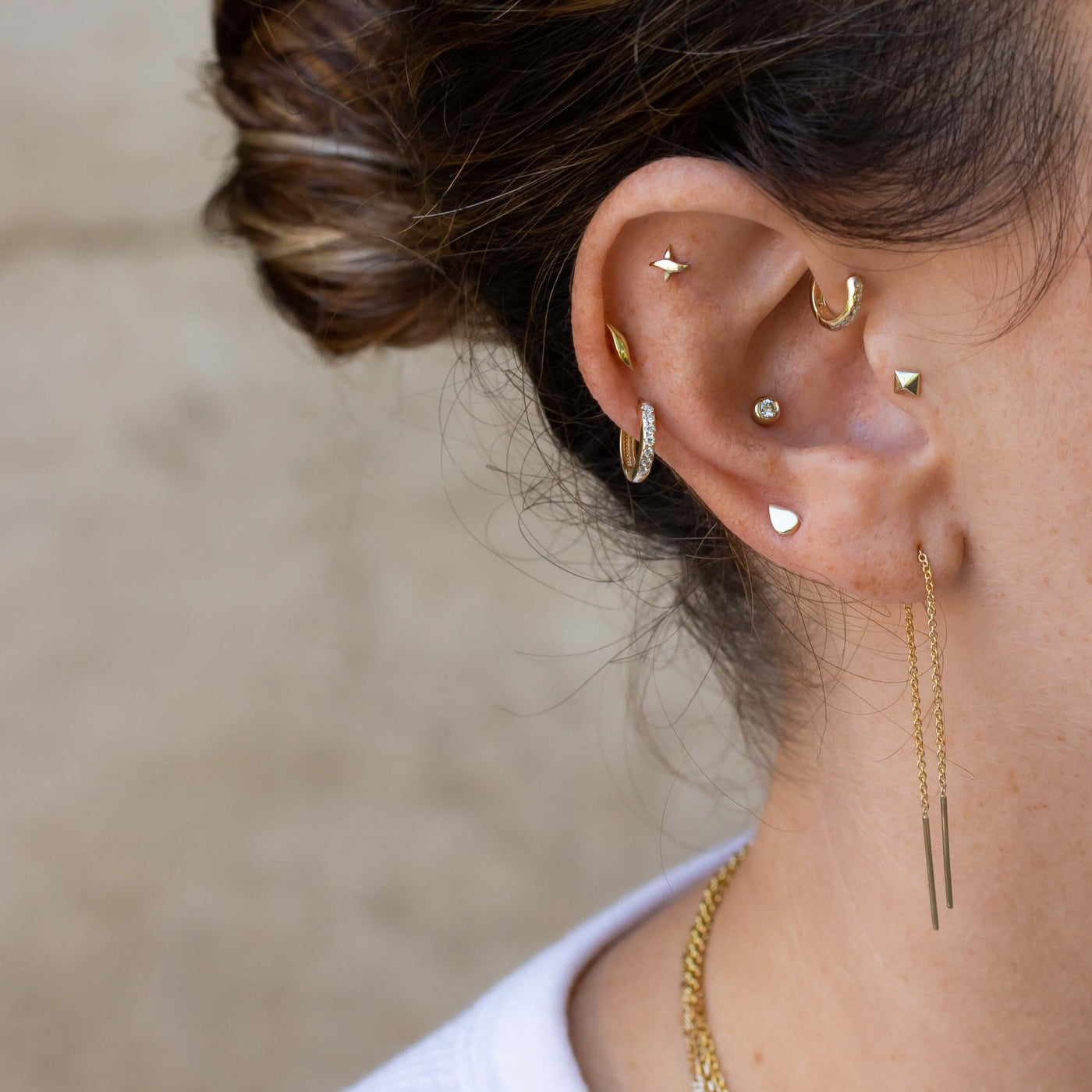 Wendy Piercing Earring 14K Gold White Diamond Earrings 