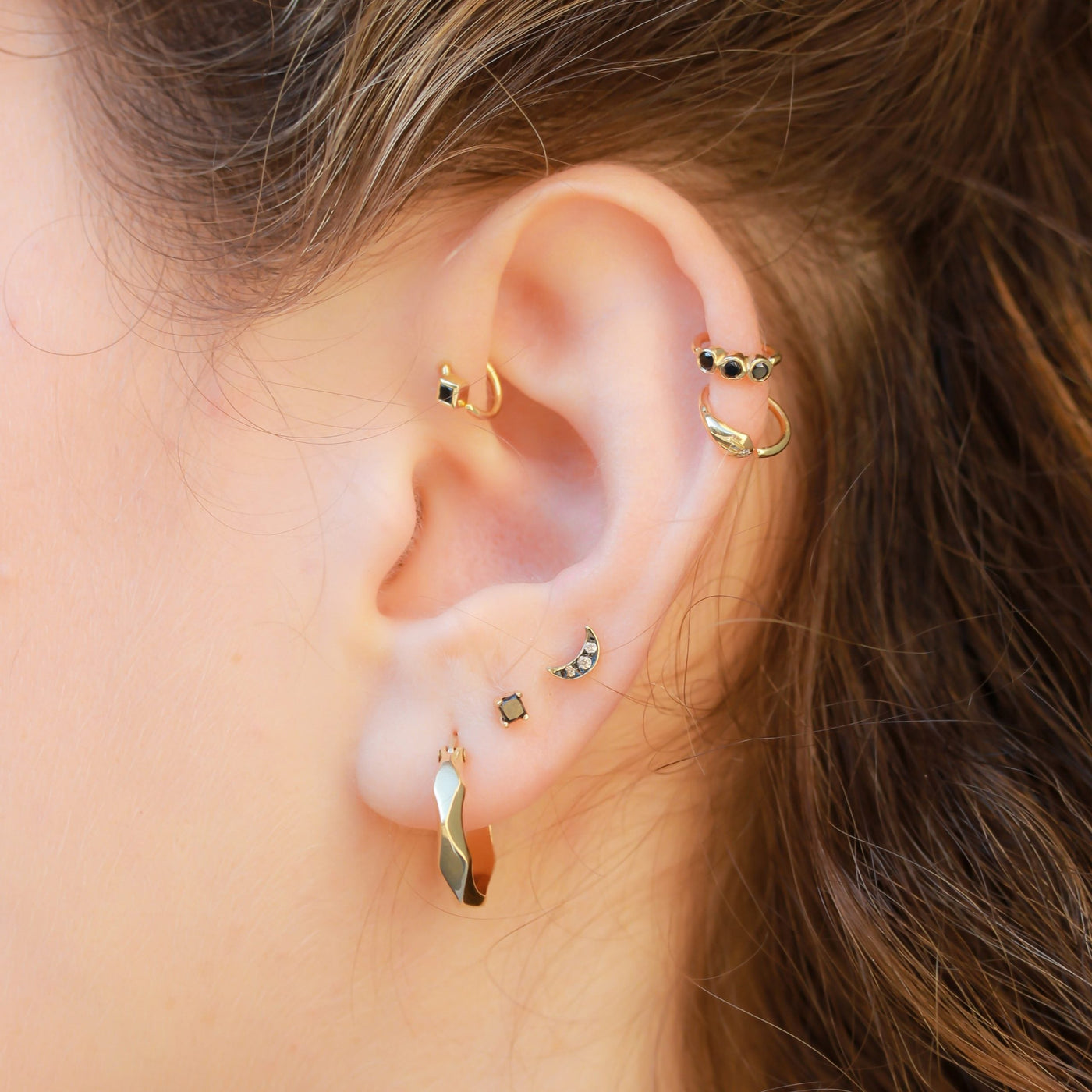 Gaia Piercing Hoop Earring 14K Gold Black Diamonds Earrings 