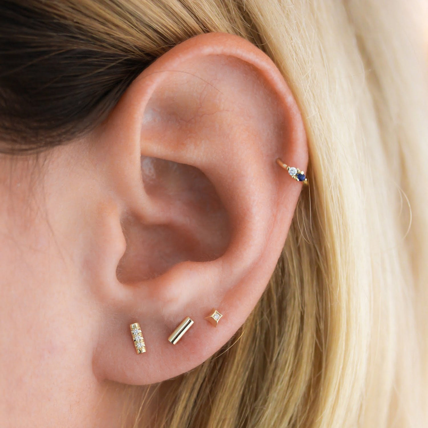 Neptune Piercing Hoop Earring 14K Gold White Diamond Sapphire Earrings 