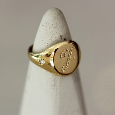 Round Signet Pinky Ring with Engraving 14K Gold White Diamond Rings 14K Rose
