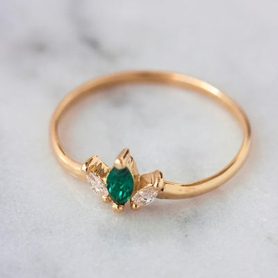 Louise Ring 14K Gold White Diamonds & Emerald Rings 14K Rose