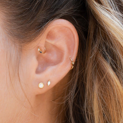 Small Star Piercing Hoop Earring 14K Gold White Diamond Earrings 