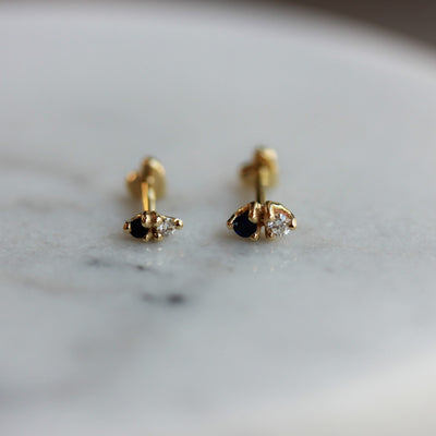 Small Neptune Piercing Earring 14K Gold White Diamond Sapphire Earrings 