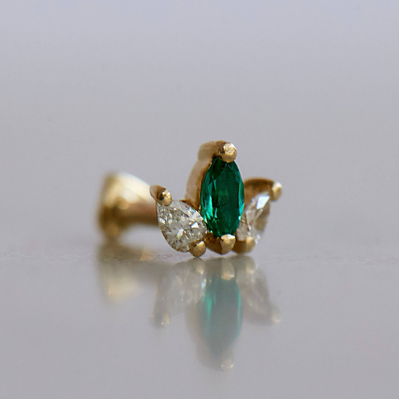 Louise Piercing Earring 14K Gold White Diamonds & Emerald Earrings 
