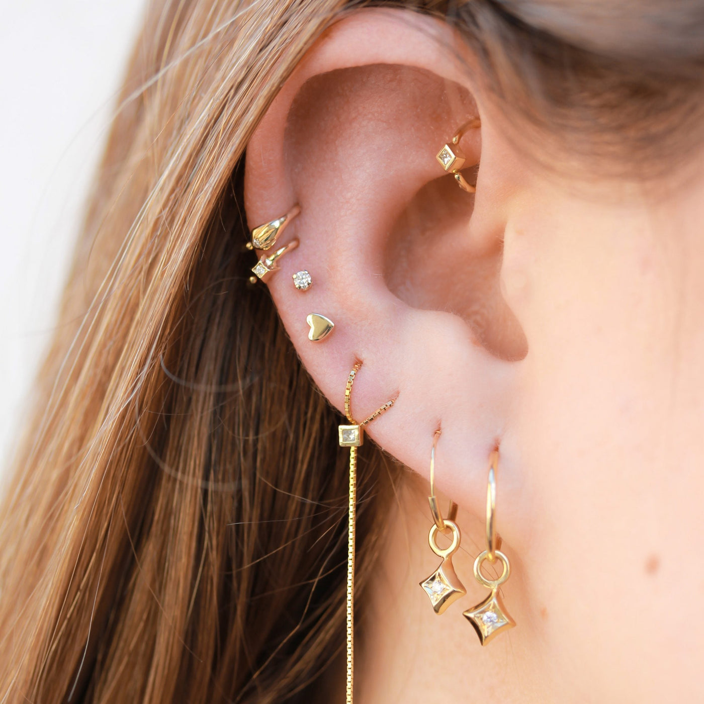 Small Star Piercing Hoop Earring 14K Gold White Diamond Earrings 