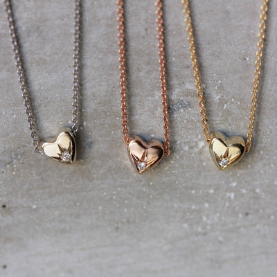 Tiny Heart Necklace 14K Rose Gold White Diamond Necklaces 