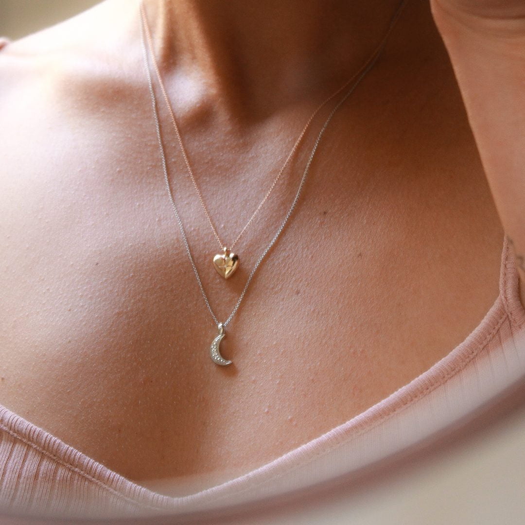 Small Heart Necklace 14K Gold White Diamond Necklaces 