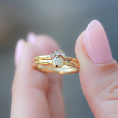 Rainbow-Moon Rings Set 14K Gold Diamonds Rings 