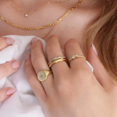 Kelly Signet Ring 14K Gold White Diamond Rings 
