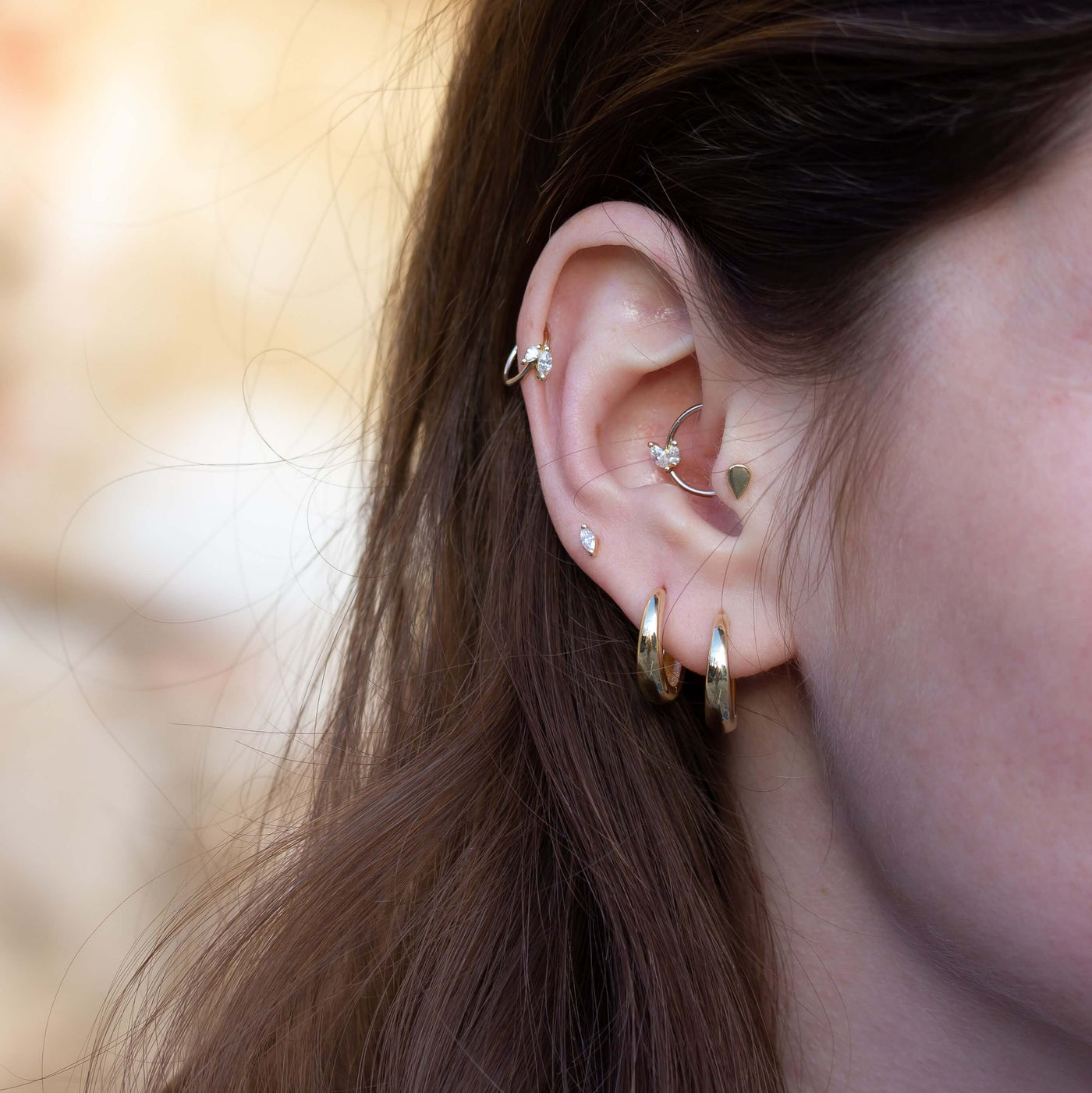 Louie Piercing Hoop Earring 14K Gold White Diamonds Earrings 